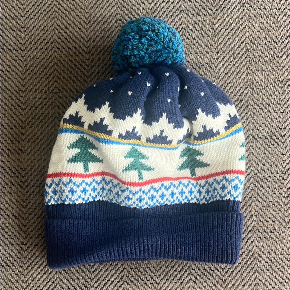 Hanna Andersson Blue and Green Knit Hat with Pom Pom